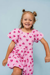 Pink Gingham Hearts Embroidery Girls Daphne Dress