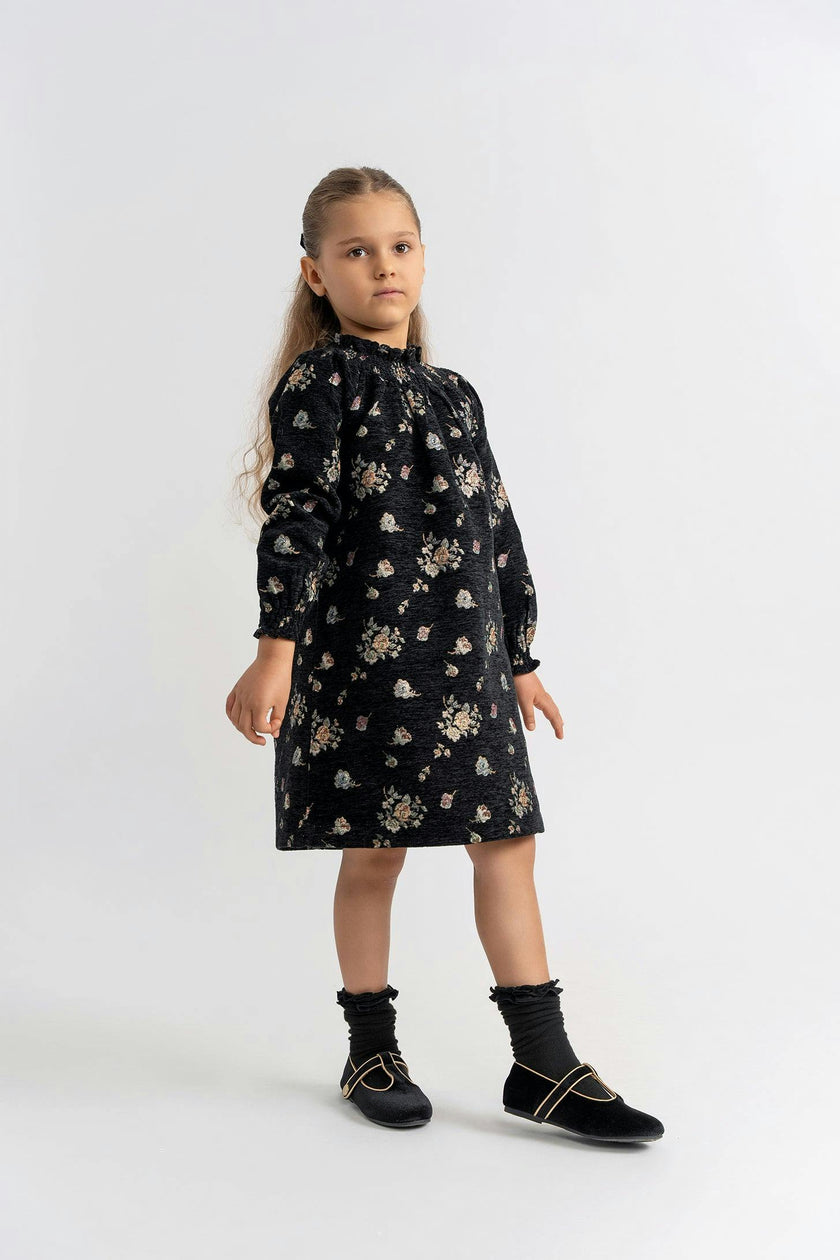Floral Brocade Smocked Long Sleeve Dress