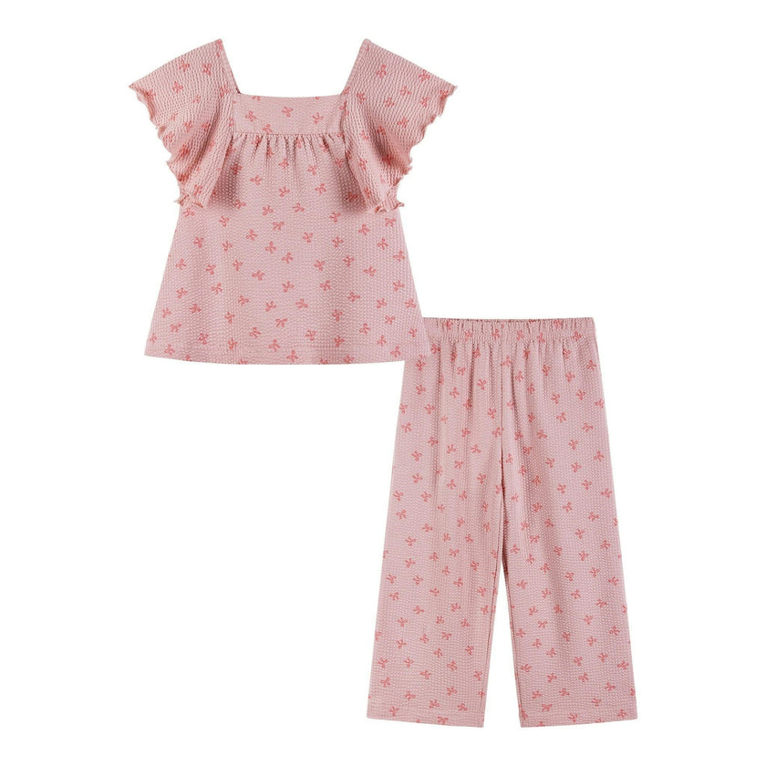 Girls Knit Seersucker Top & Pant Set | Pink Bow Print