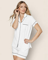 Women's Pima Pajama Short Set in White with Navy Piping