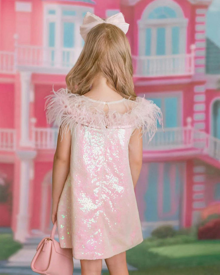 Iridescent Stardust Pink Sequin Birthday Dress for Girls