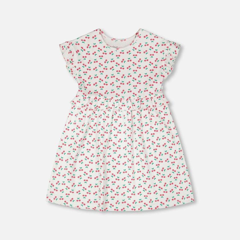 Cotton Rib Dress White Printed Cherries