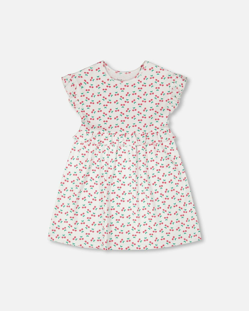 Cotton Rib Dress White Printed Cherries
