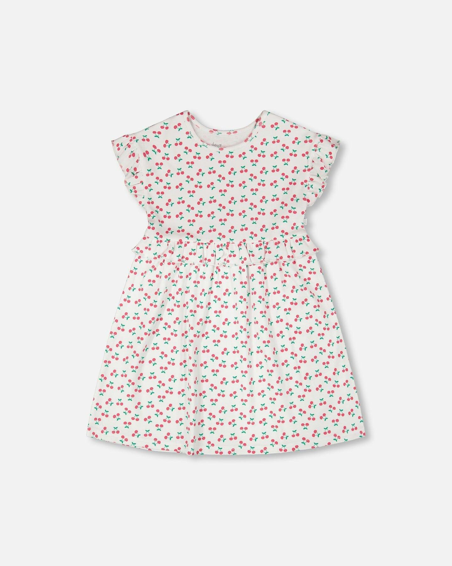 Cotton Rib Dress White Printed Cherries