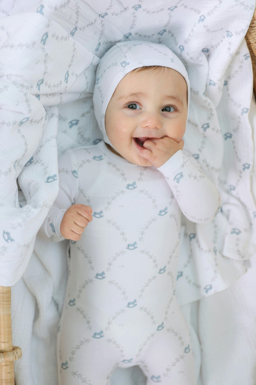 Rocking Print Snap Front Cotton Romper and Hat Two Piece Set