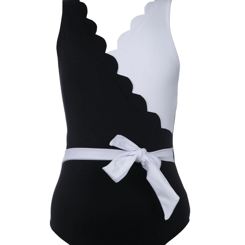 Yuki Scalloped V-Neck 2-Tone Belted Swimsuit