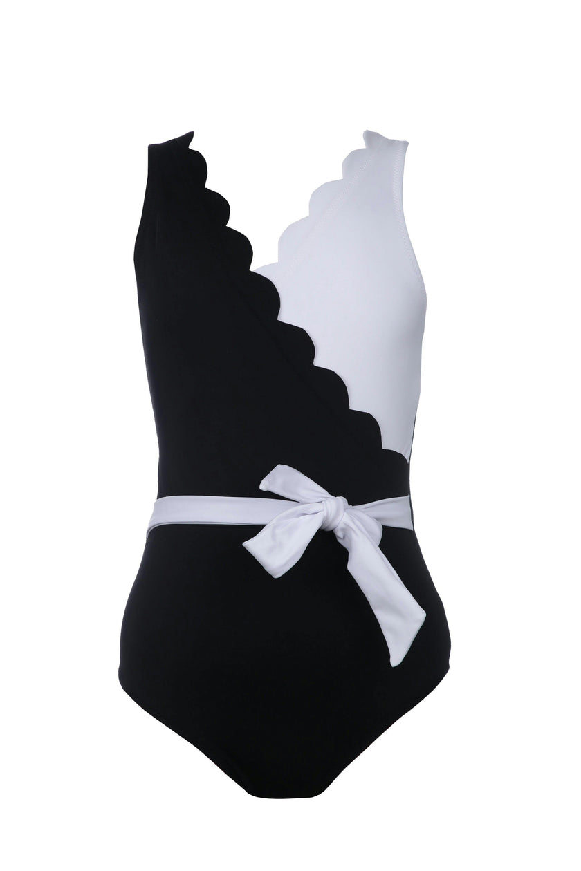 Yuki Scalloped V-Neck 2-Tone Belted Swimsuit