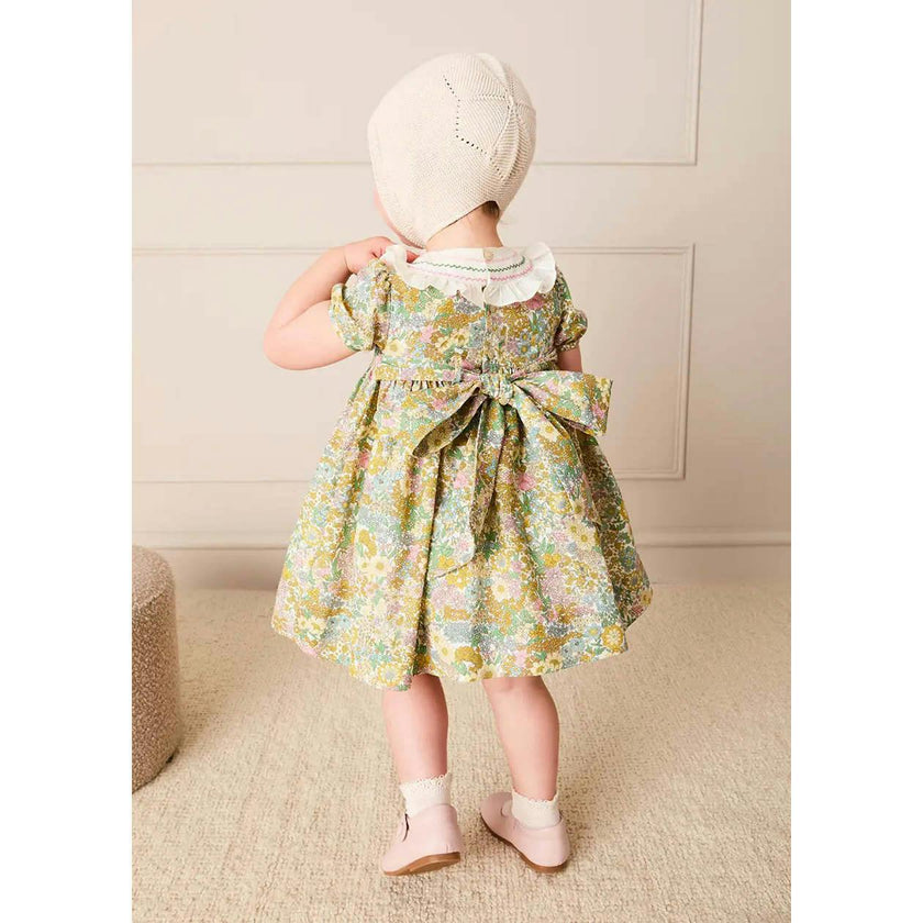 Charlotte Floral Hand Smocked Embroidered Collar Short Sleeve Dress With Bloomers in Green (6mths-3yrs)