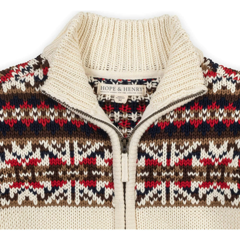 Organic Long Sleeve Full Zip Mock Neck Intarsia Sweater, Brown