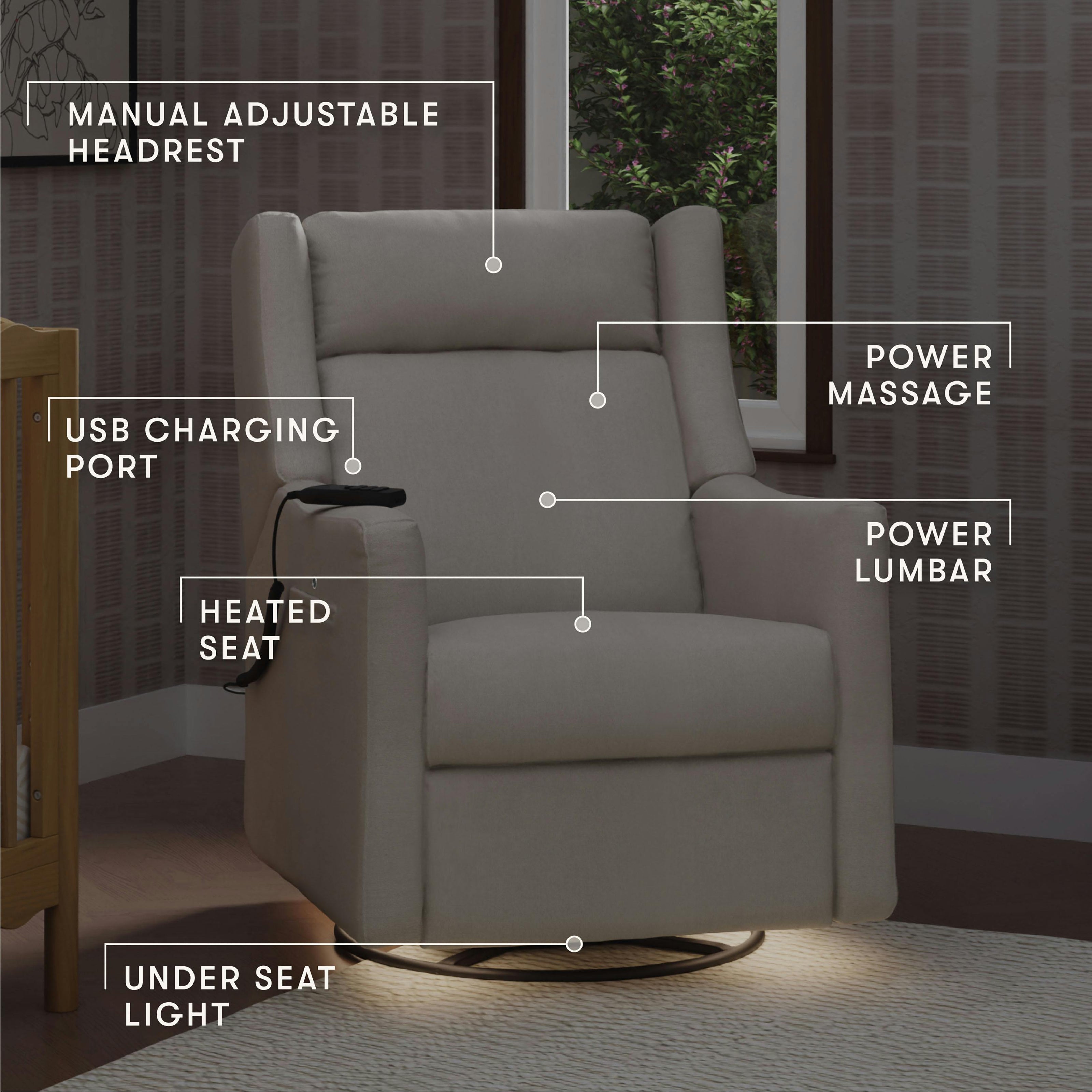 Kiwi Deluxe Power Recliner and Swivel Glider with Heat and Massage