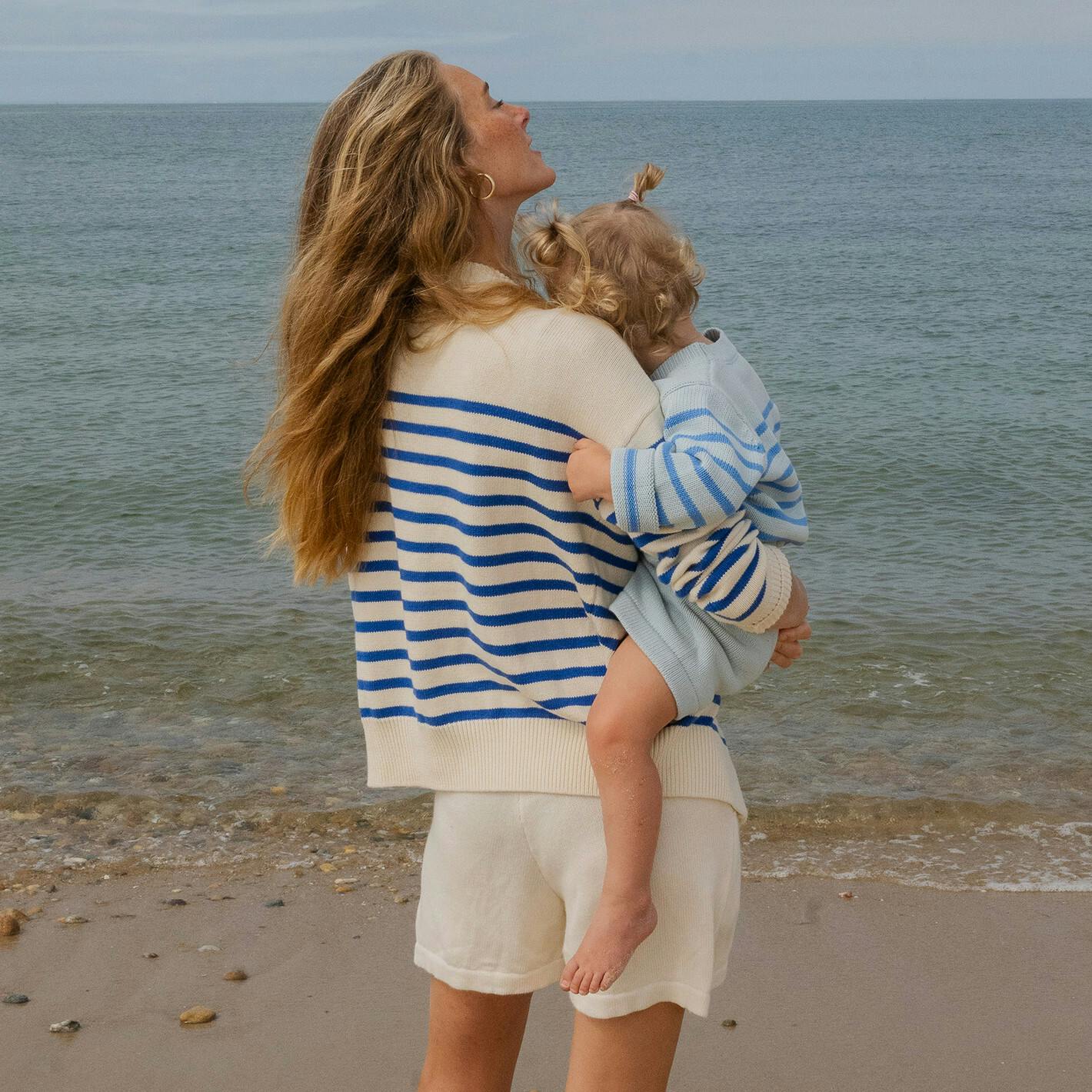 Women's Cream And Blue Stripe Knit Cardigan
