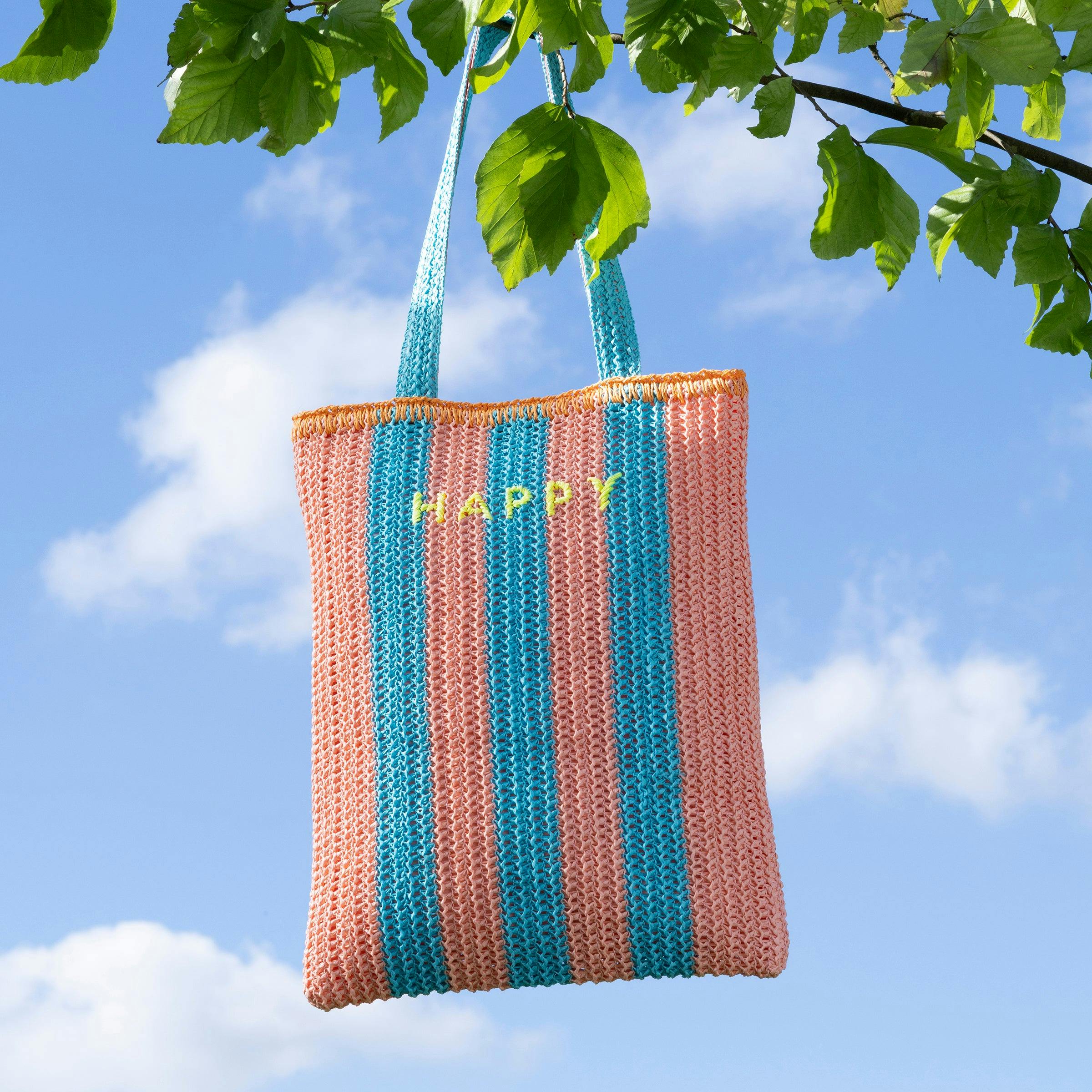 Striped Raffia Happy Tote Bag