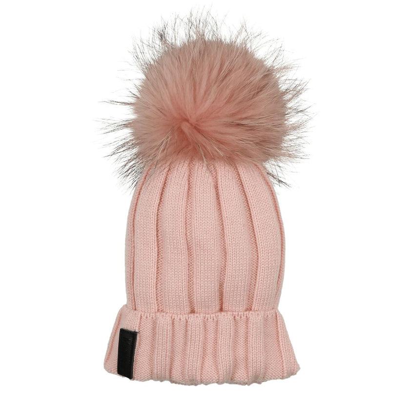 Ribbed Merino Wool Faux Fur Pom Pom Hat