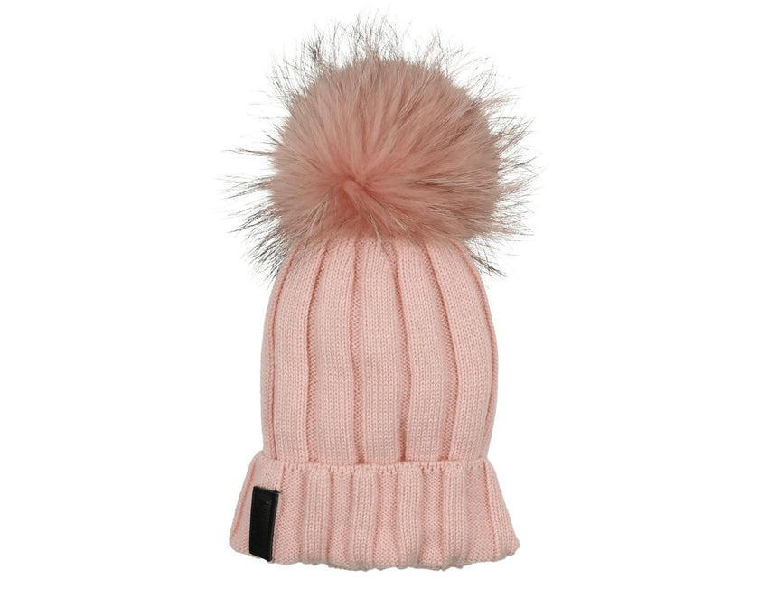 Ribbed Merino Wool Faux Fur Pom Pom Hat