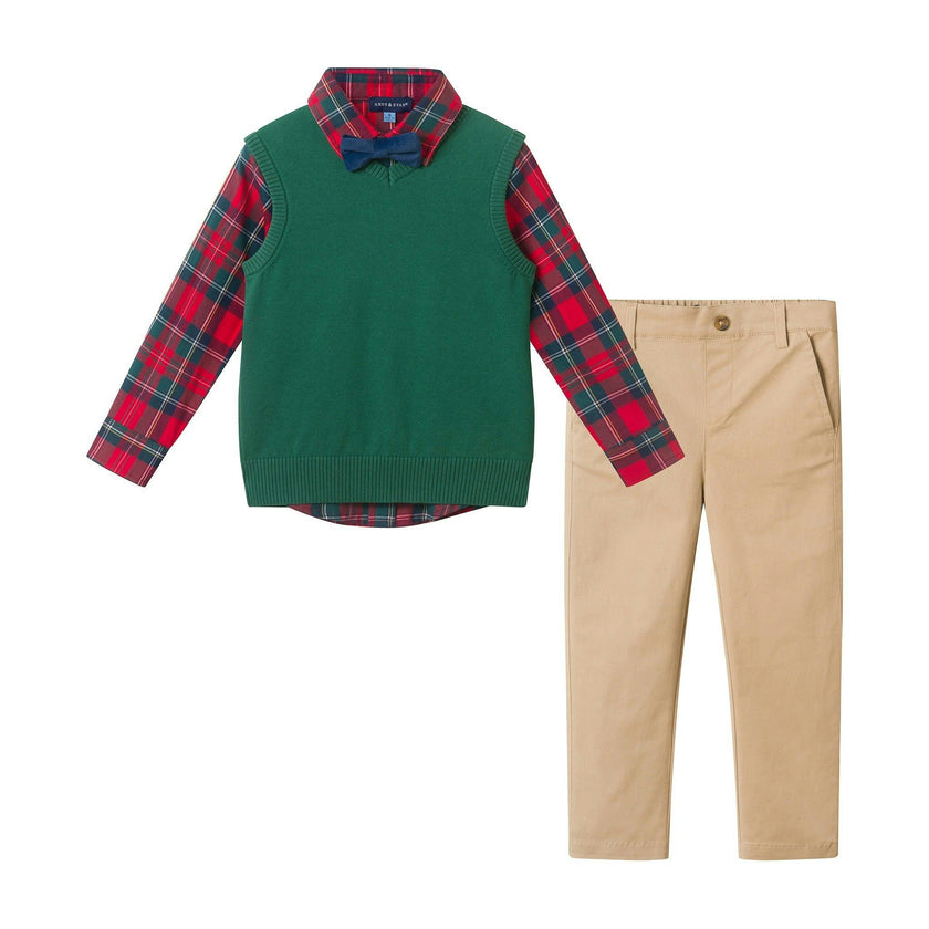 Kids 4-Piece Sweater Vest Set | Holiday Plaid