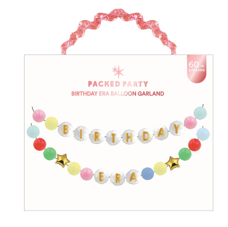 Packed Party Birthday Era Customizable Balloon Garland Banner 60ct - Beaded Bracelet-Style 5-Inch Mylar Balloons with 114 Gold Letters, Strings, and Glue Dots