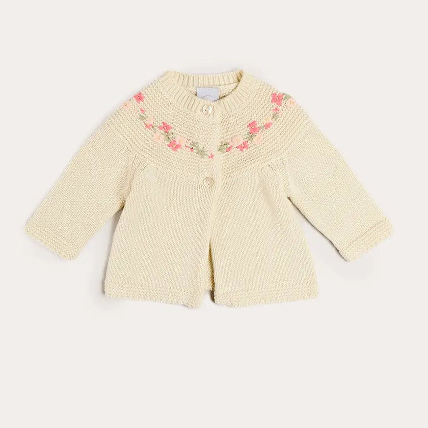 Wildflower Embroidered Two Button Cotton Newborn Cardigan in Cream (1-9mths)