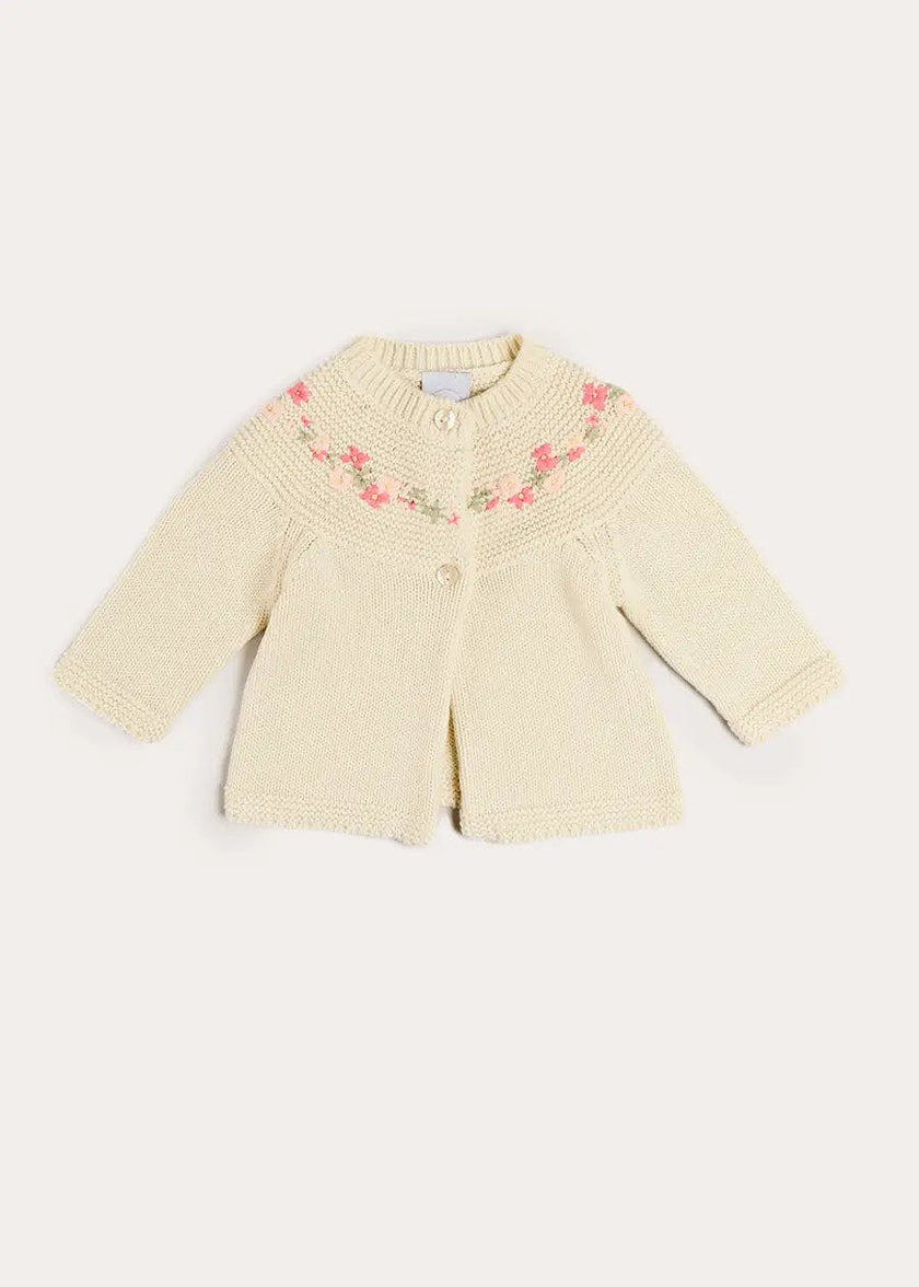 Wildflower Embroidered Two Button Cotton Newborn Cardigan in Cream (1-9mths)