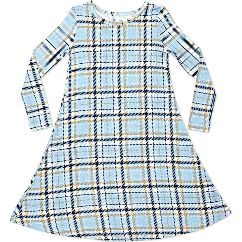 Holiday Plaid Blue Bamboo Girls' Long Sleeve Dress