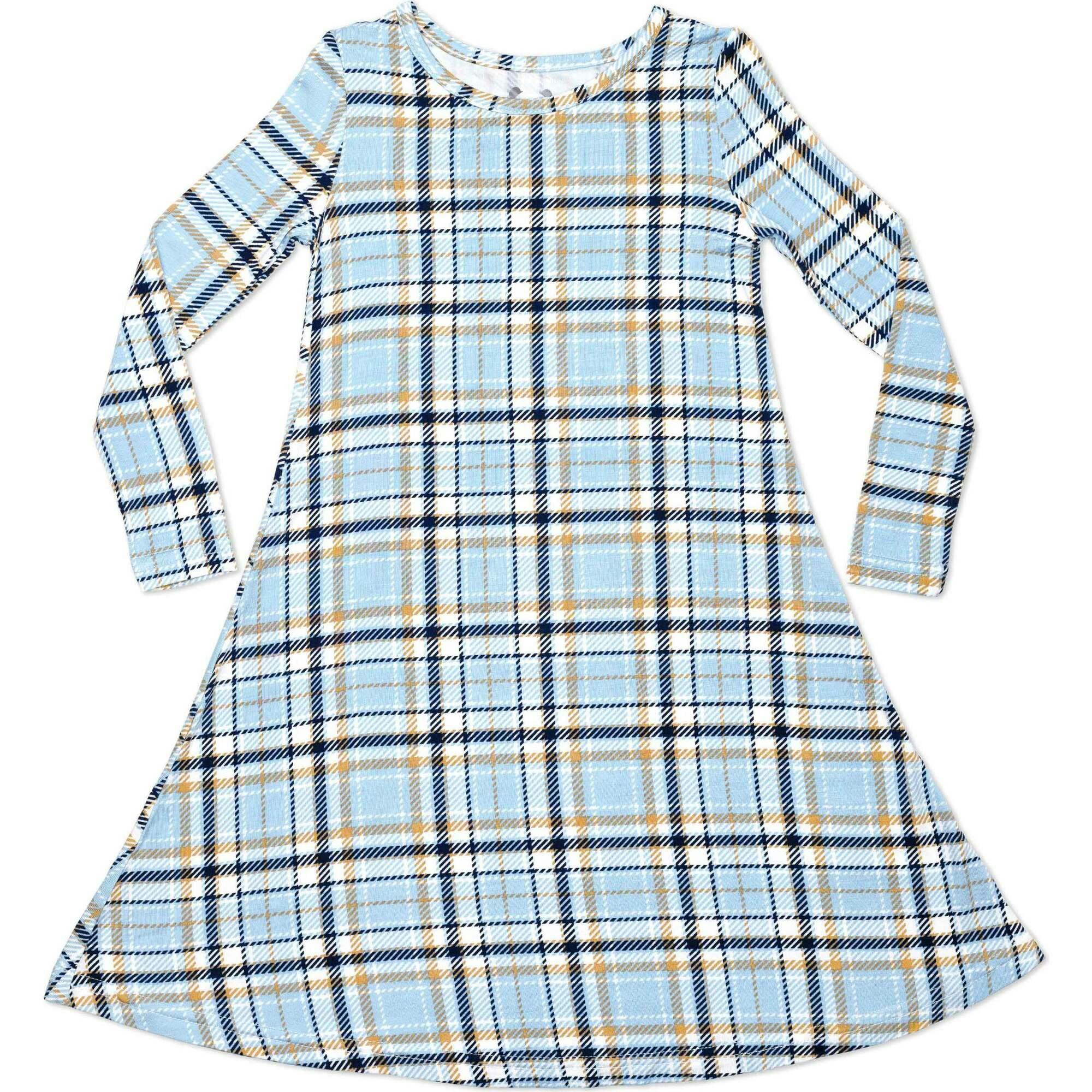 Holiday Plaid Blue Bamboo Girls' Long Sleeve Dress