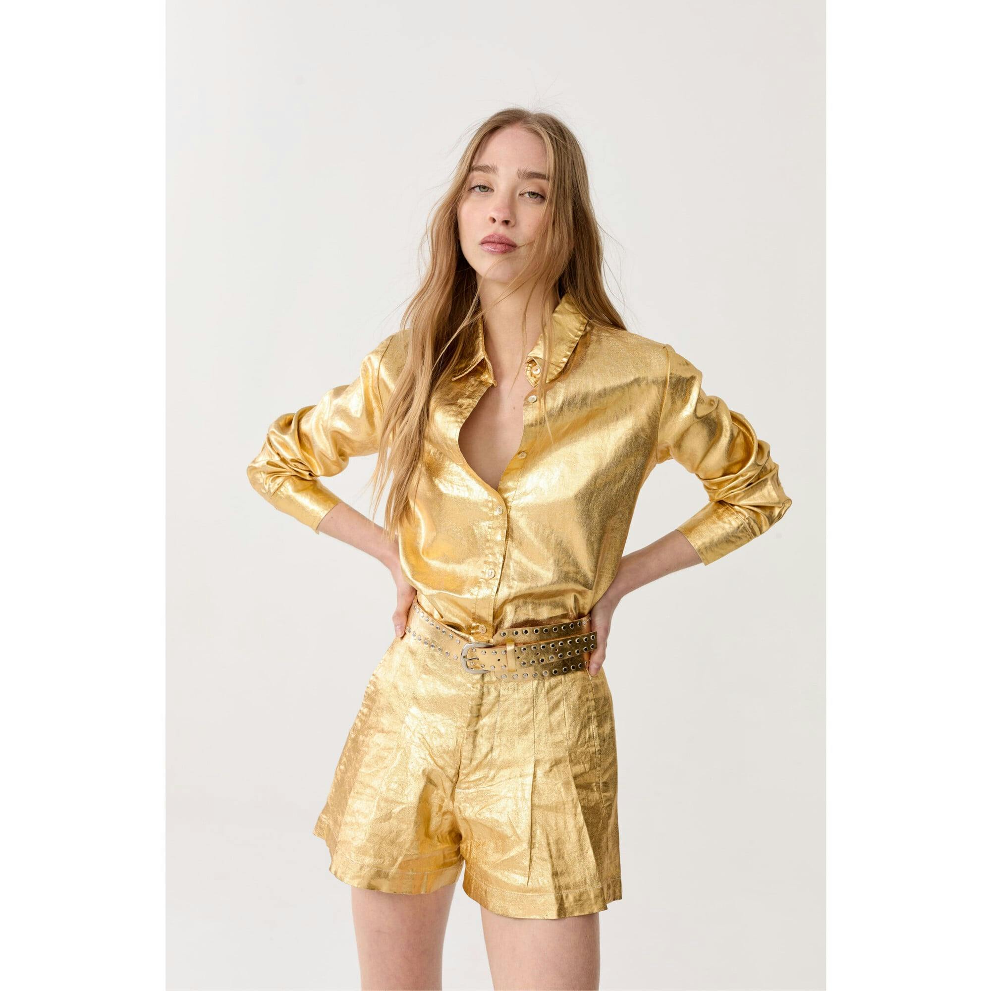 Frida Metallic&nbsp;Linen Shorts - Gold
