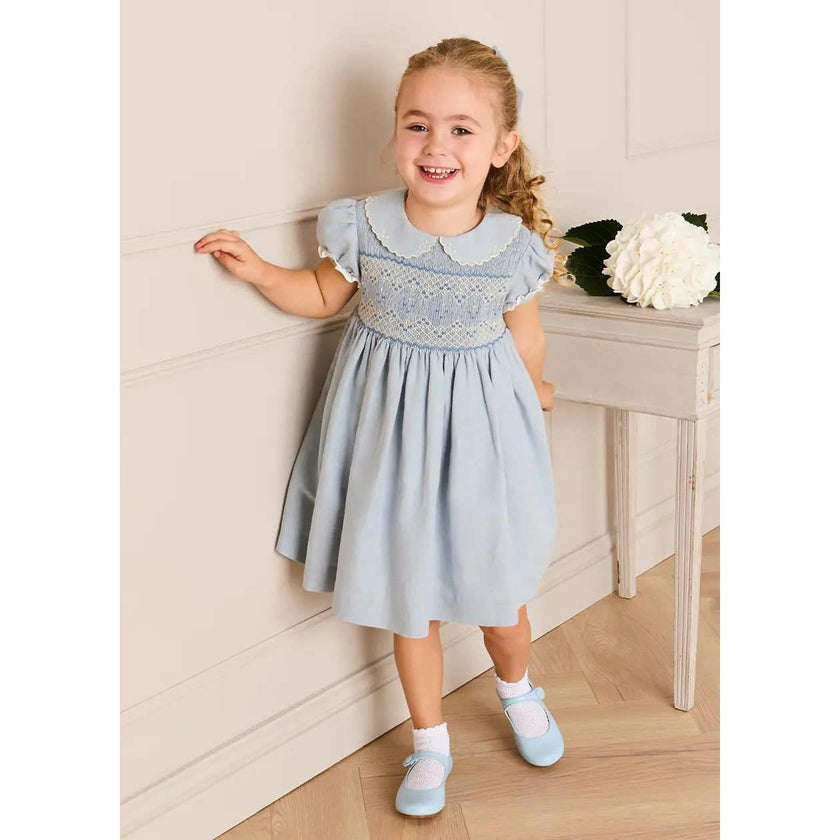 Hand Smocked Peter Pan Collar Short Sleeve Dress in Sky Blue (12mths-10yrs)