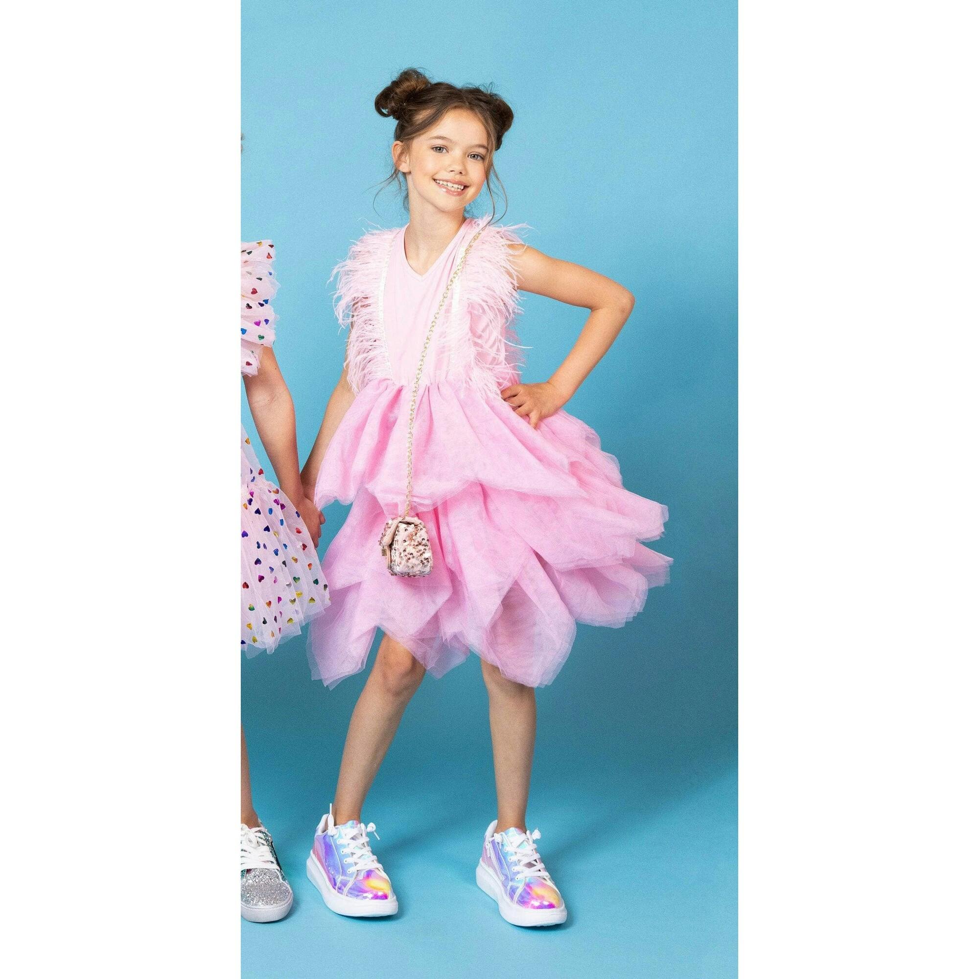 Gigi Feather Sleeve Tired Tulle Dress