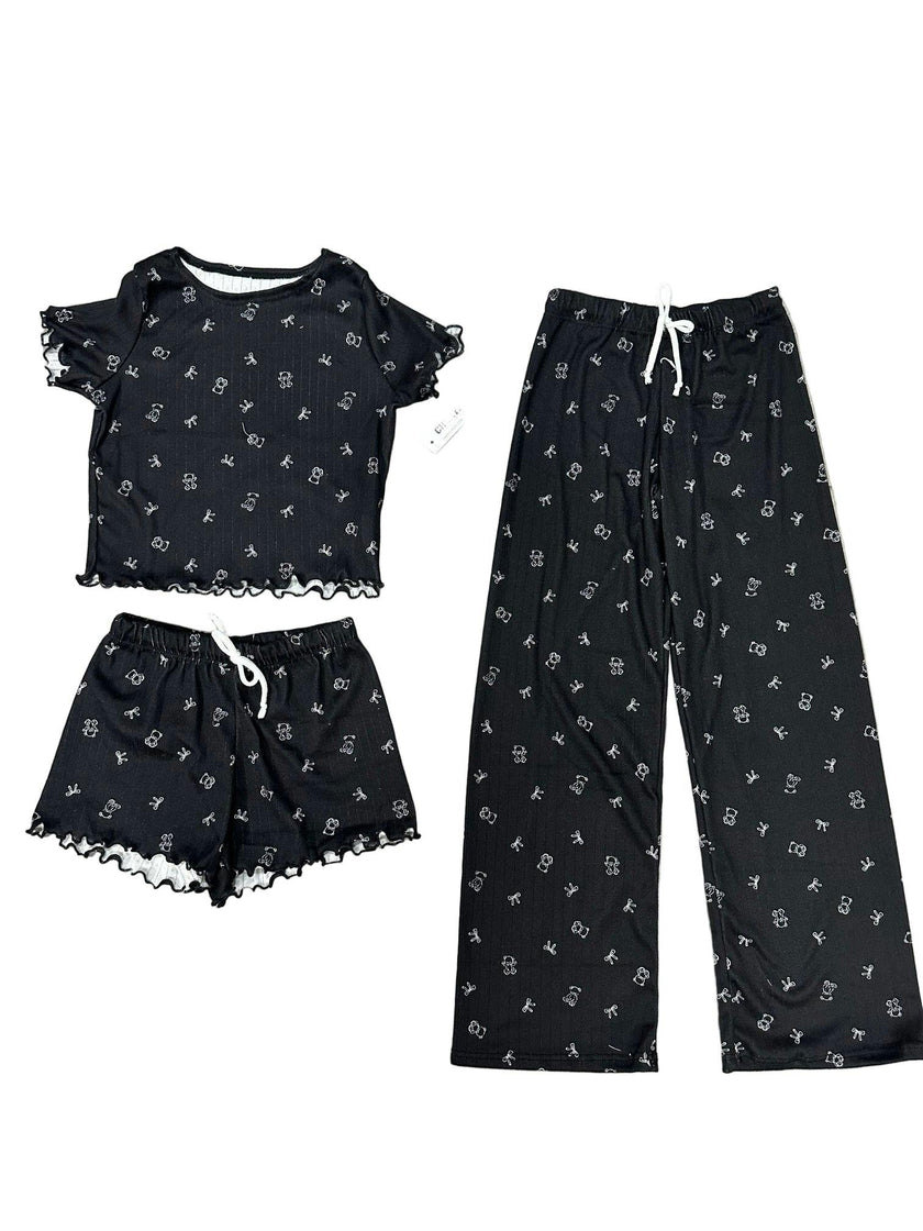 Girls Printed Lounge 3 Pc Short Sleeve Top Pants and Shorts Set