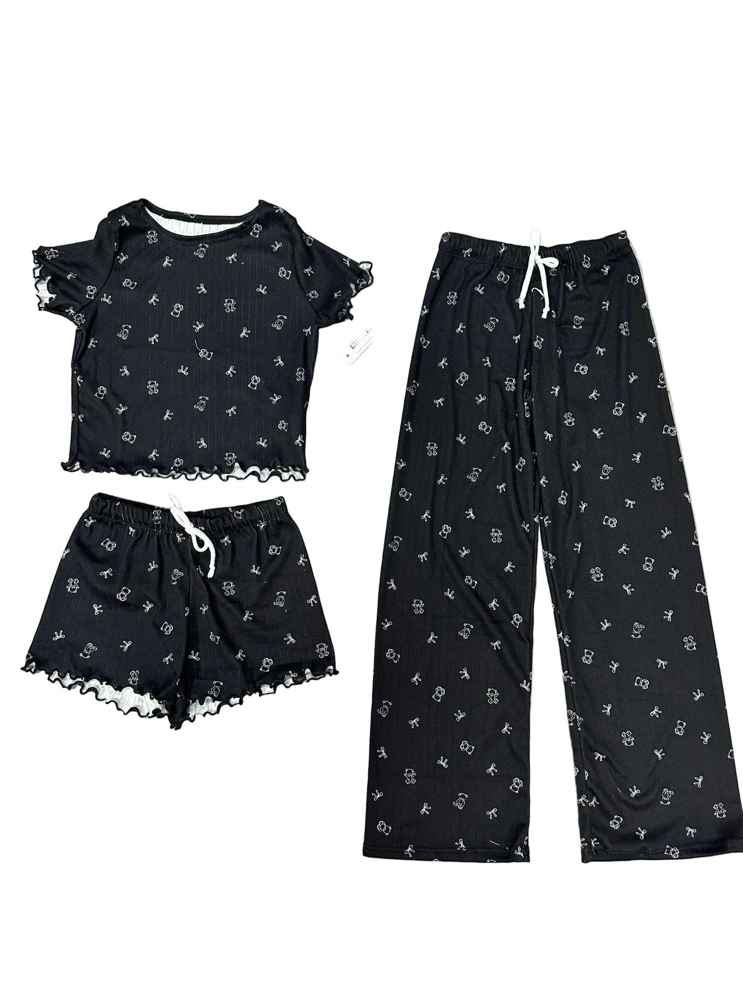 Girls Printed Lounge 3 Pc Short Sleeve Top Pants and Shorts Set