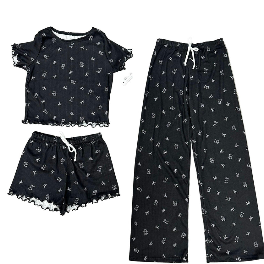 Girls Printed Lounge 3 Pc Short Sleeve Top Pants and Shorts Set
