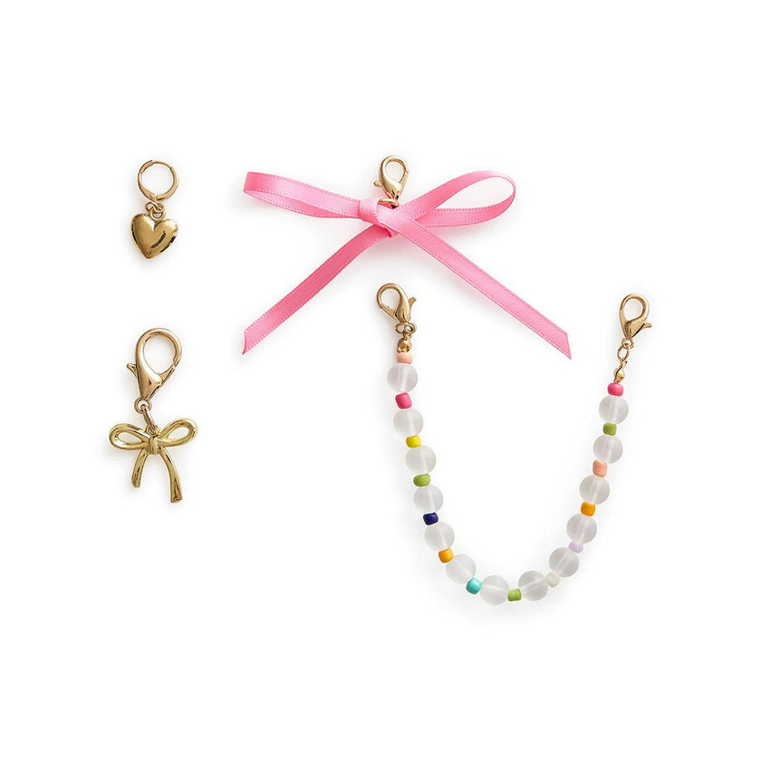 Better with a Bow Beads Charms and Bows Shoe Charm Set 4pc - Gold Bow, Heart Charm, Bead Chain, and Pink Ribbon Bow with Lobster Clips