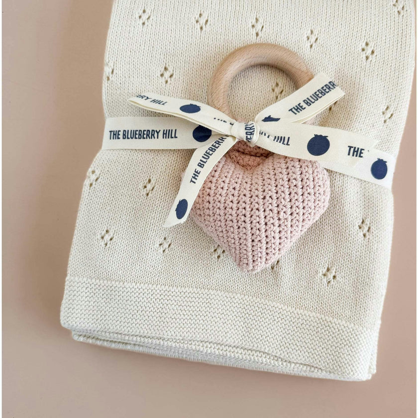 Pique Blanket and Blush Heart Rattle Set - Cream