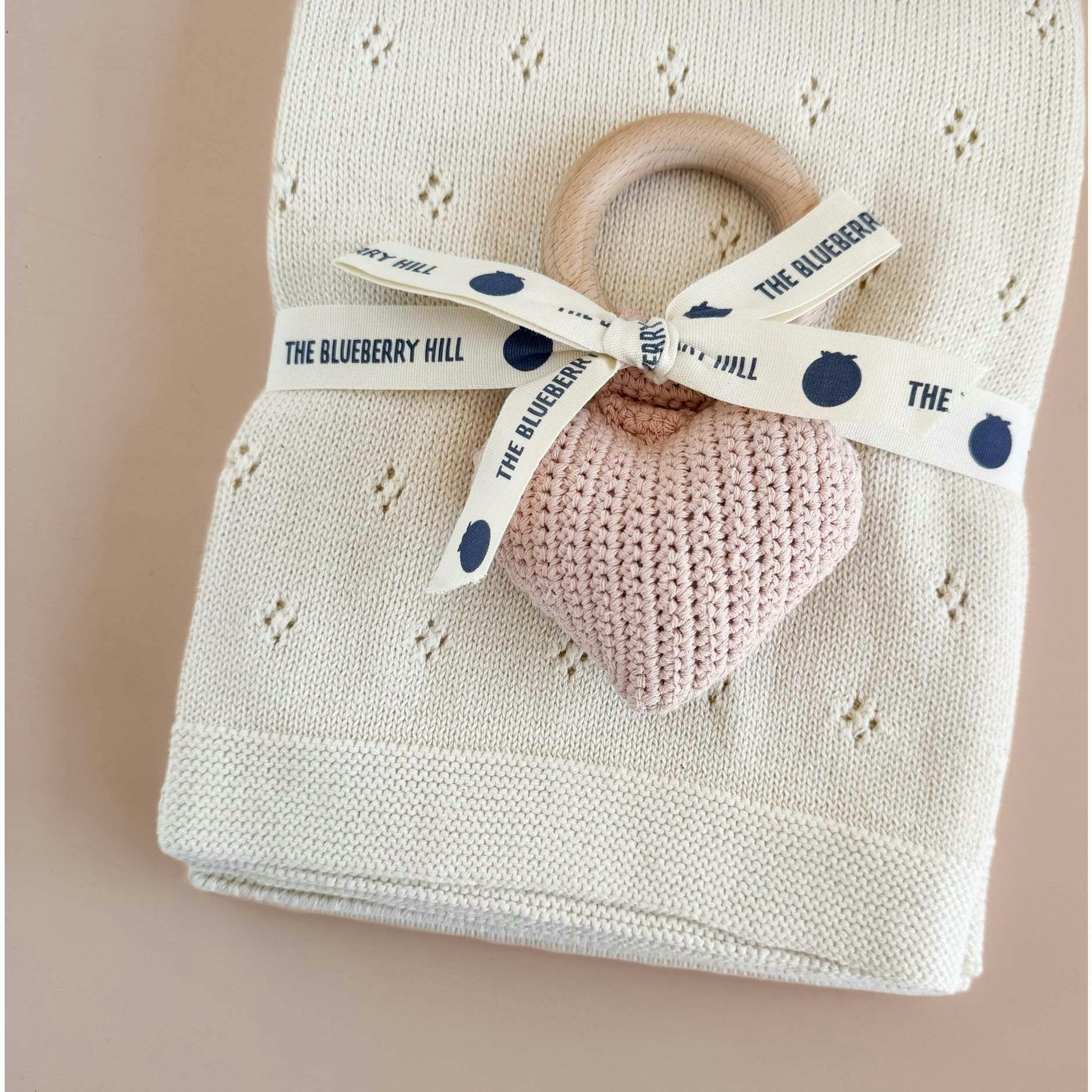 Cream Pique Blanket and Blush Heart Rattle, Set