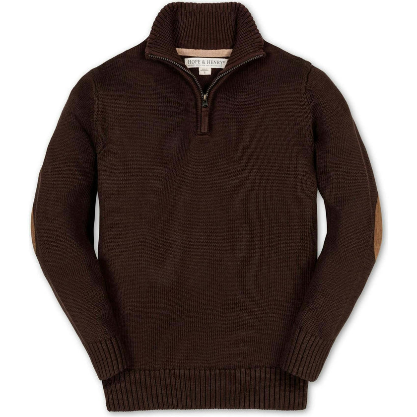 Organic Half Zip Pullover Sweater with Elbow Patches, Brown