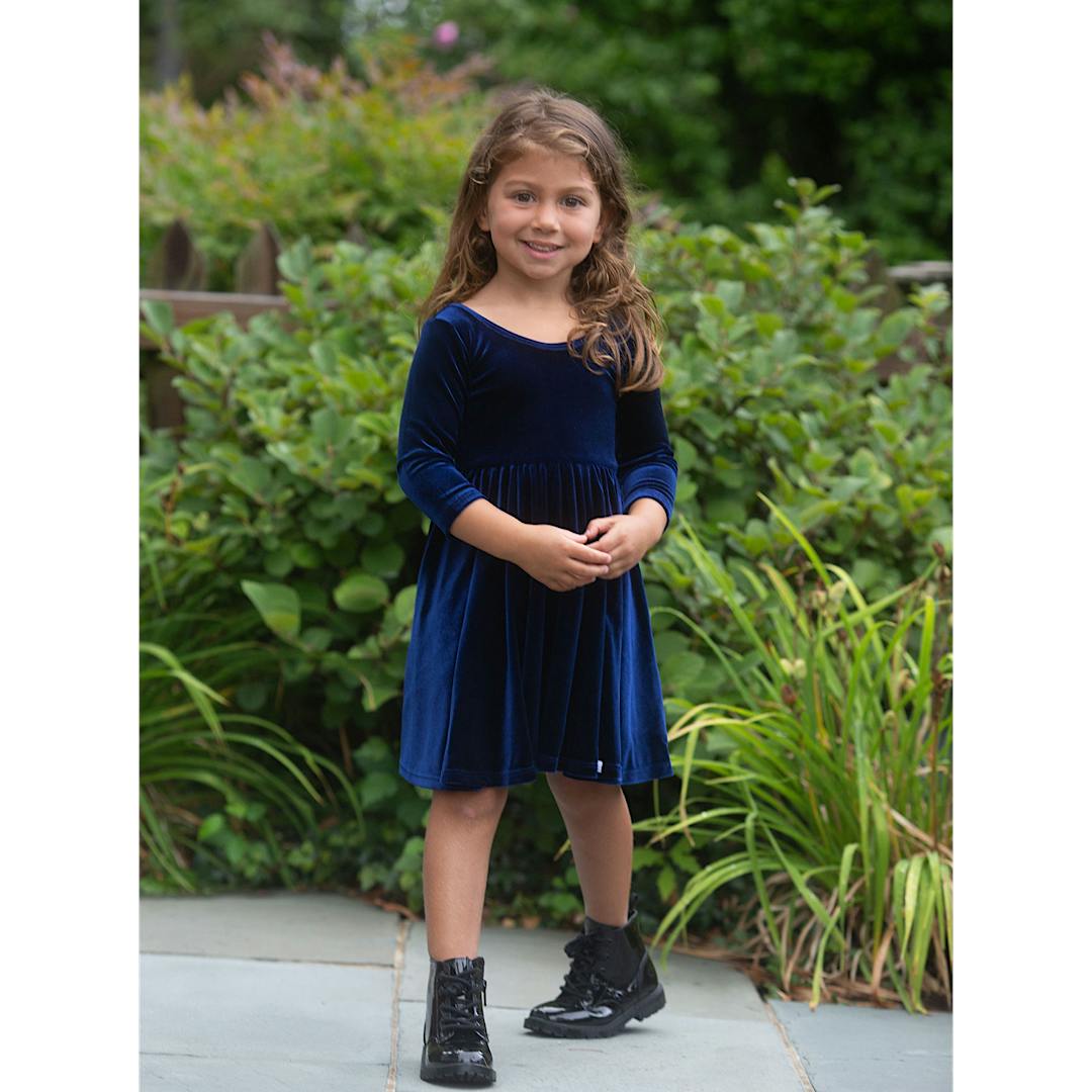 Twirly Dress in Navy Stretch Velvet FW25