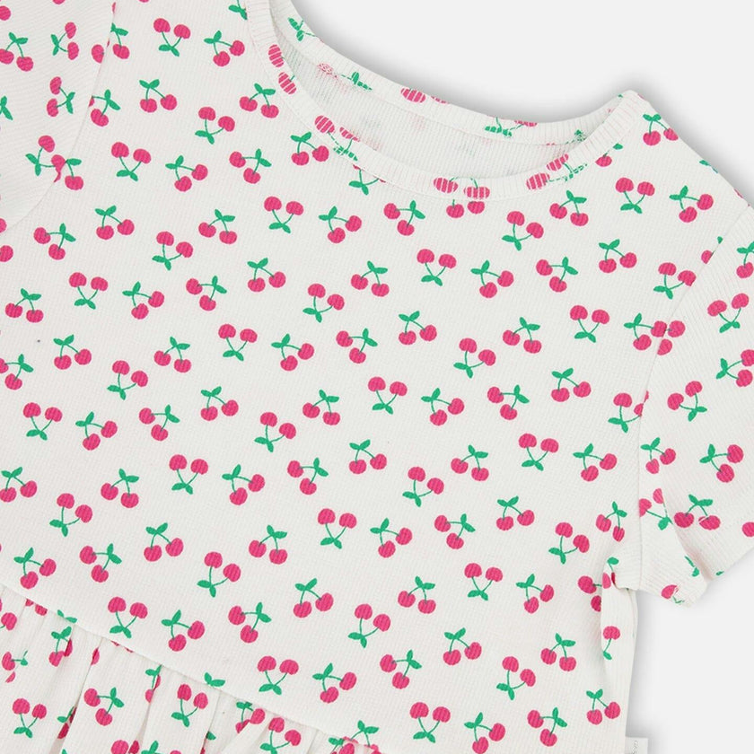 Rib Crop T-Shirt With Frill White Printed Cheeries