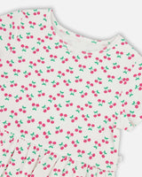 Rib Crop T-Shirt With Frill White Printed Cheeries