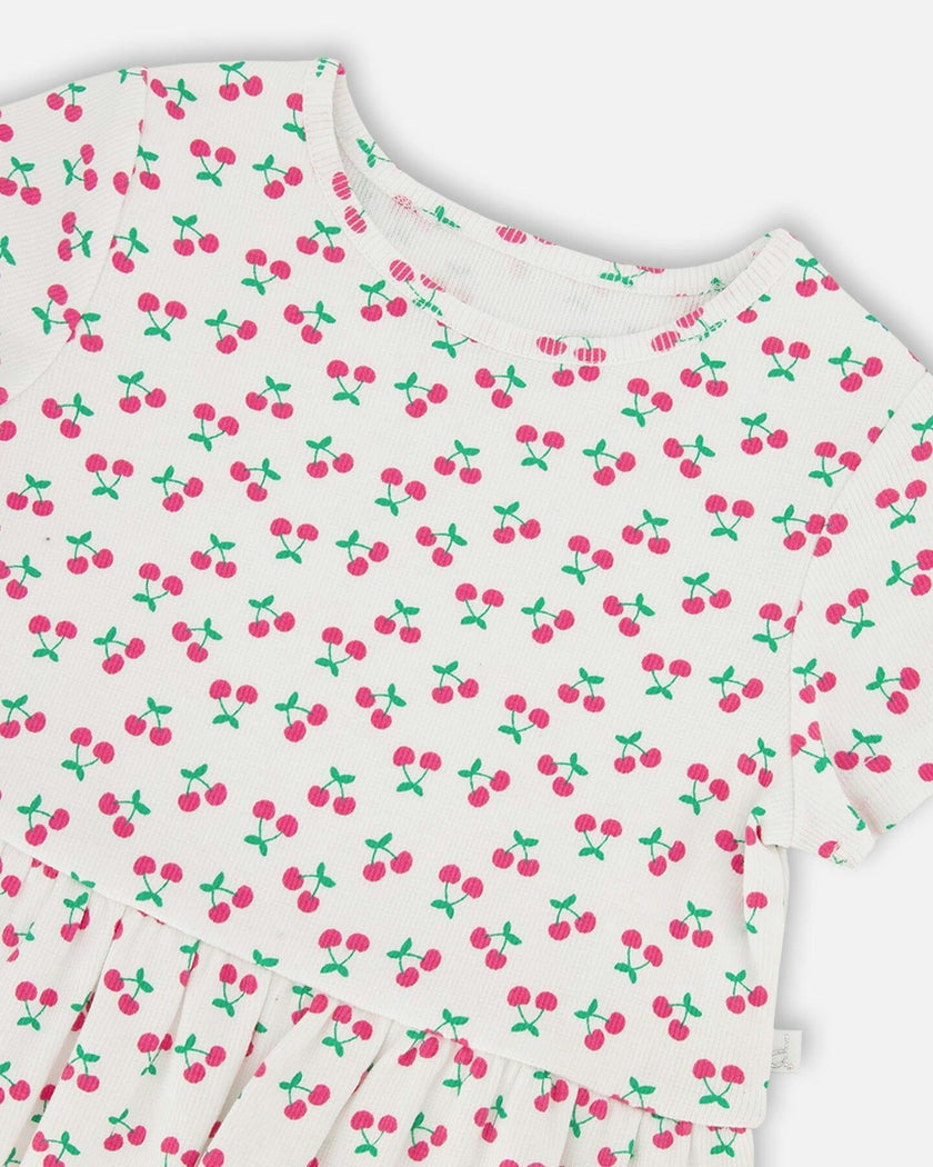 Rib Crop T-Shirt With Frill White Printed Cheeries