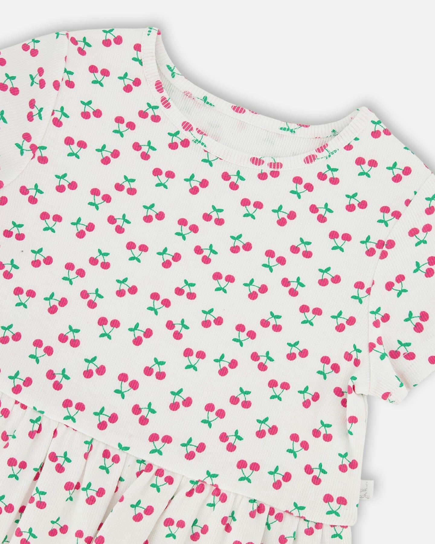 Rib Crop T-Shirt With Frill White Printed Cheeries