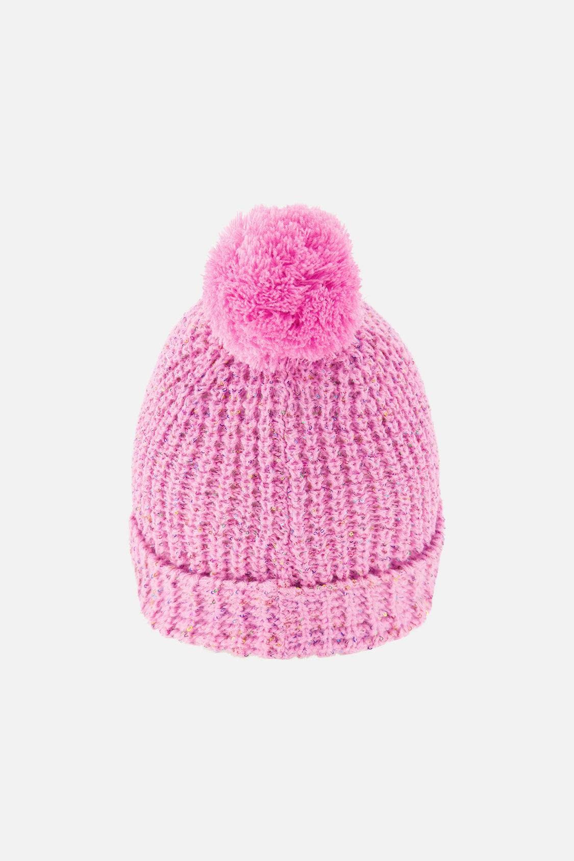 Winter Knit Hat with Pompom Pink