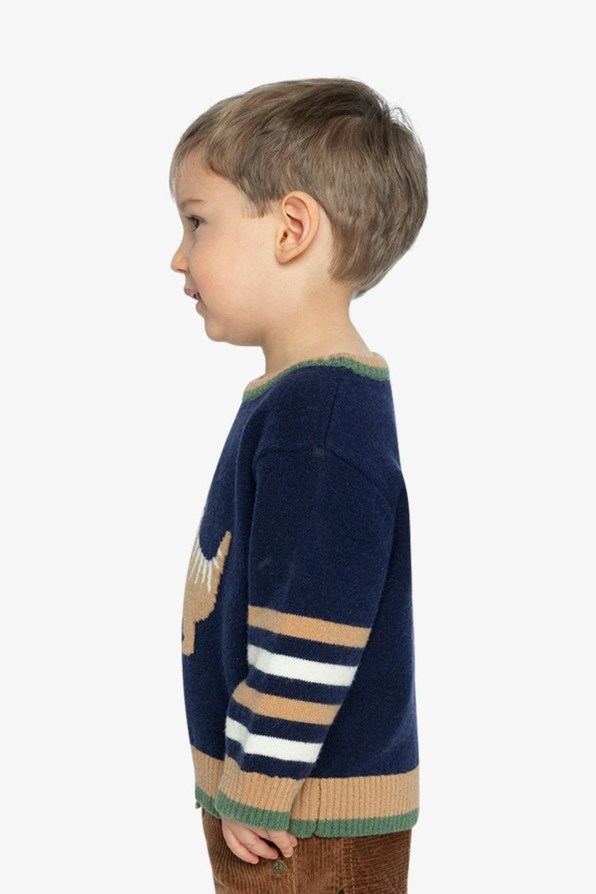 Knit Sweater With Intarsia Dark Blue, Brown And Beige