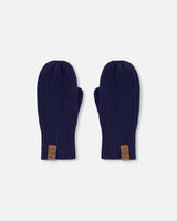Ribbed Knit Mittens Navy Blue