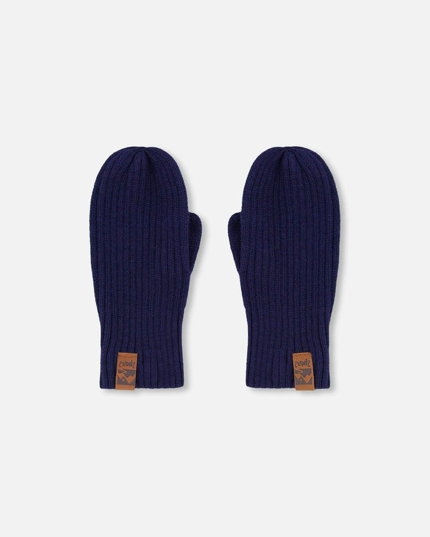 Ribbed Knit Mittens Navy Blue