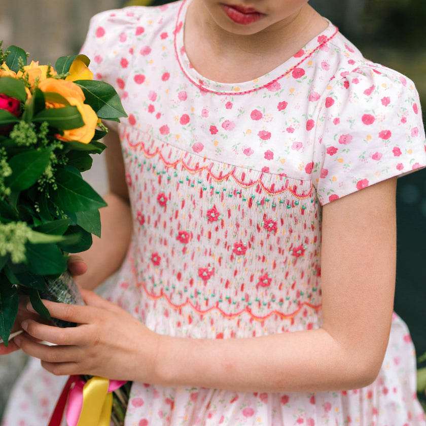 Poppy Pink Short Puff Sleeves Smocked Dress