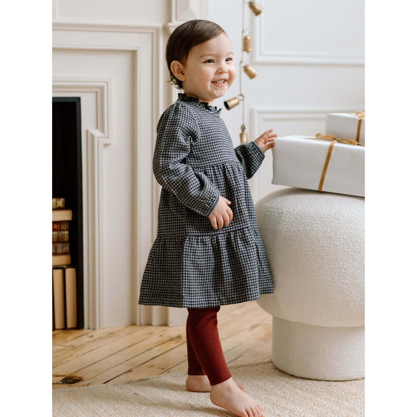 KENDI Neela Flannel Ruffle Neckline Long Sleeve Dress Navy Plaid