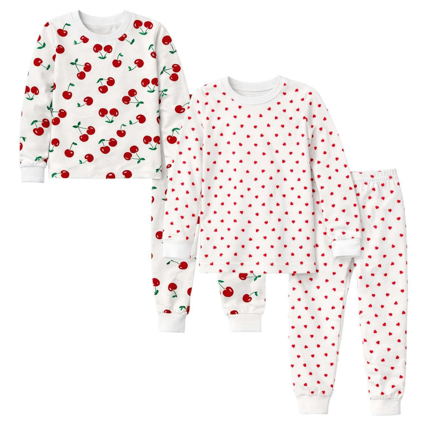 Kids and Toddlers 2 Pack Girls Hearts/Cherries Long Sleeve Snug Fitted Pajamas
