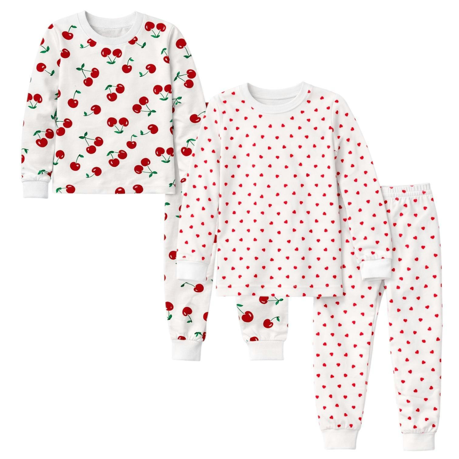 Kids and Toddlers 2 Pack Girls Hearts/Cherries Long Sleeve Snug Fitted Pajamas