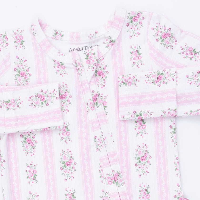 Bella Rose Stripe - 2 Way Ruffle Back Zipper Footie