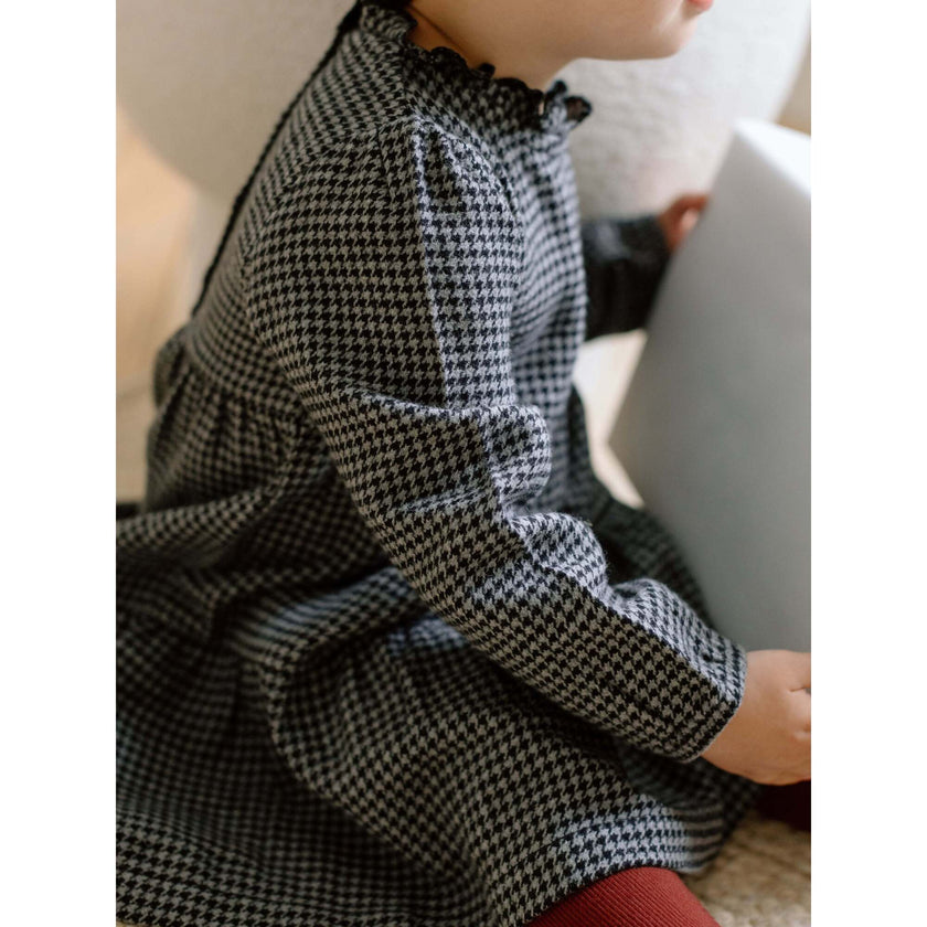 KENDI Neela Flannel Ruffle Neckline Long Sleeve Dress Navy Plaid