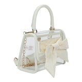 Packed Party Clear Mini Crossbody Bag - White Trim with Gold Chain Strap, Removable Satin Bow Scarf, Top Handle, 7x3.5x5 Inch
